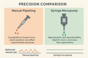 Precision comparison chart showing manual pipetting vs syringe micropump, highlighting higher reproducibility and stable micro- and nanoliter delivery.