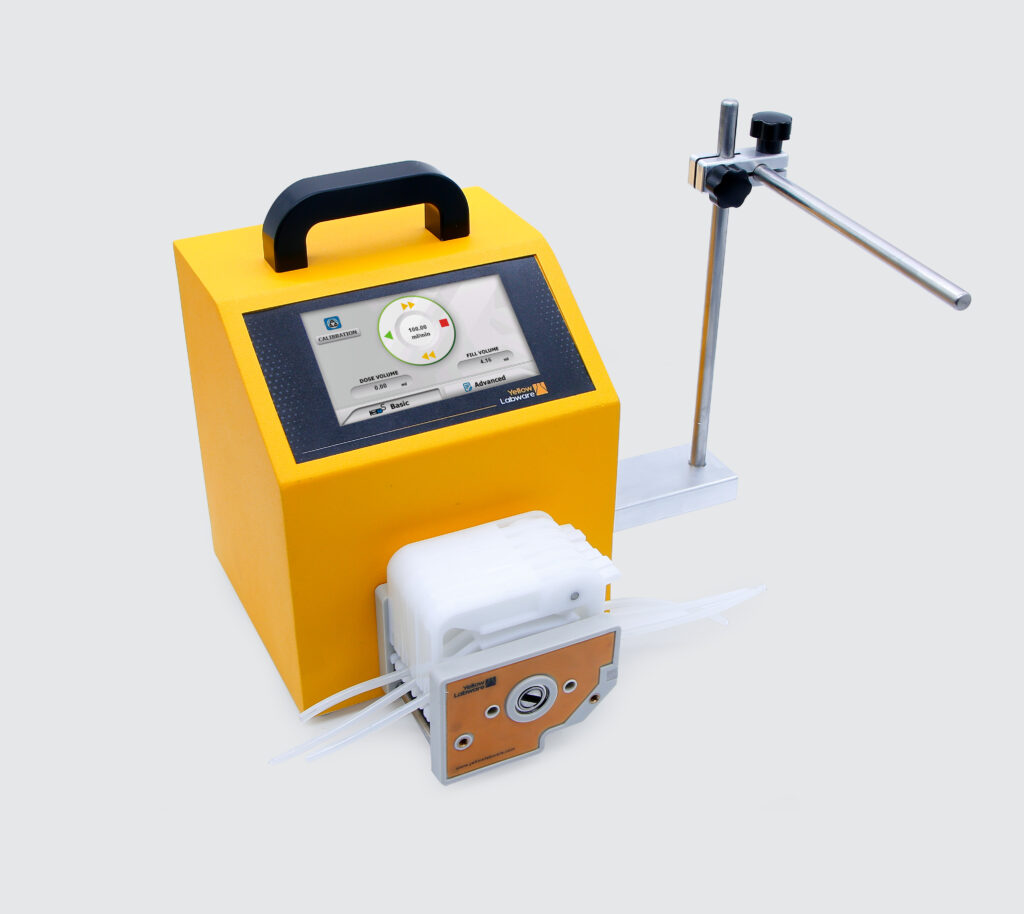 Close-up view of IPS-P21 Peristaltic Pump showing the touchscreen interface and tubing setup